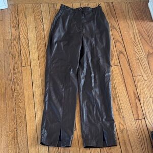 Nanushka Dark Brown Genuine Leather Pants with Front Slits